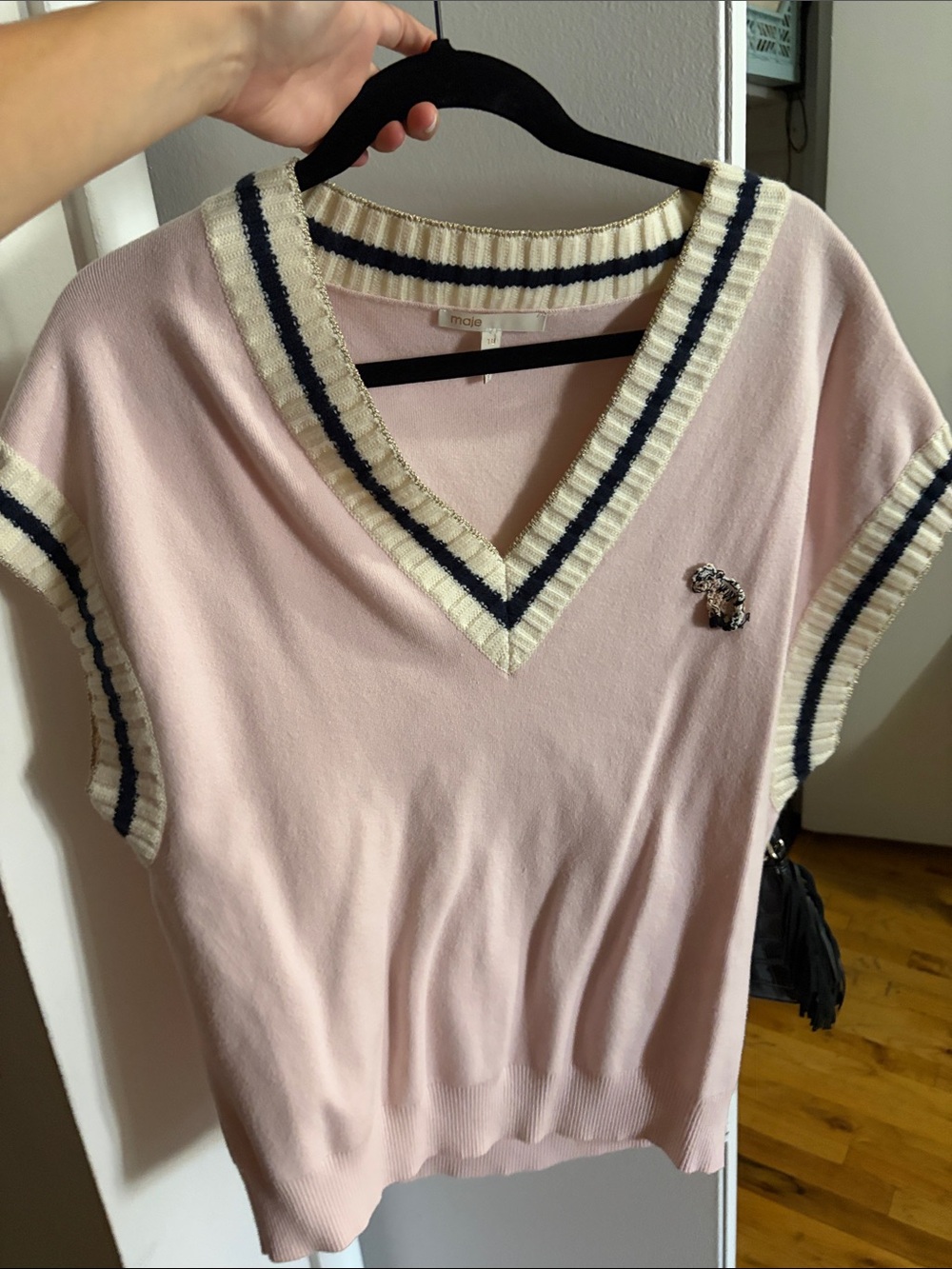 Maje Light Pink V-Neck Knit Vest with Cream and Navy Trim